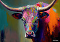 A vibrant, textured painting of a longhorn steer's face and shoulders. The steer is rainbow-colored.
