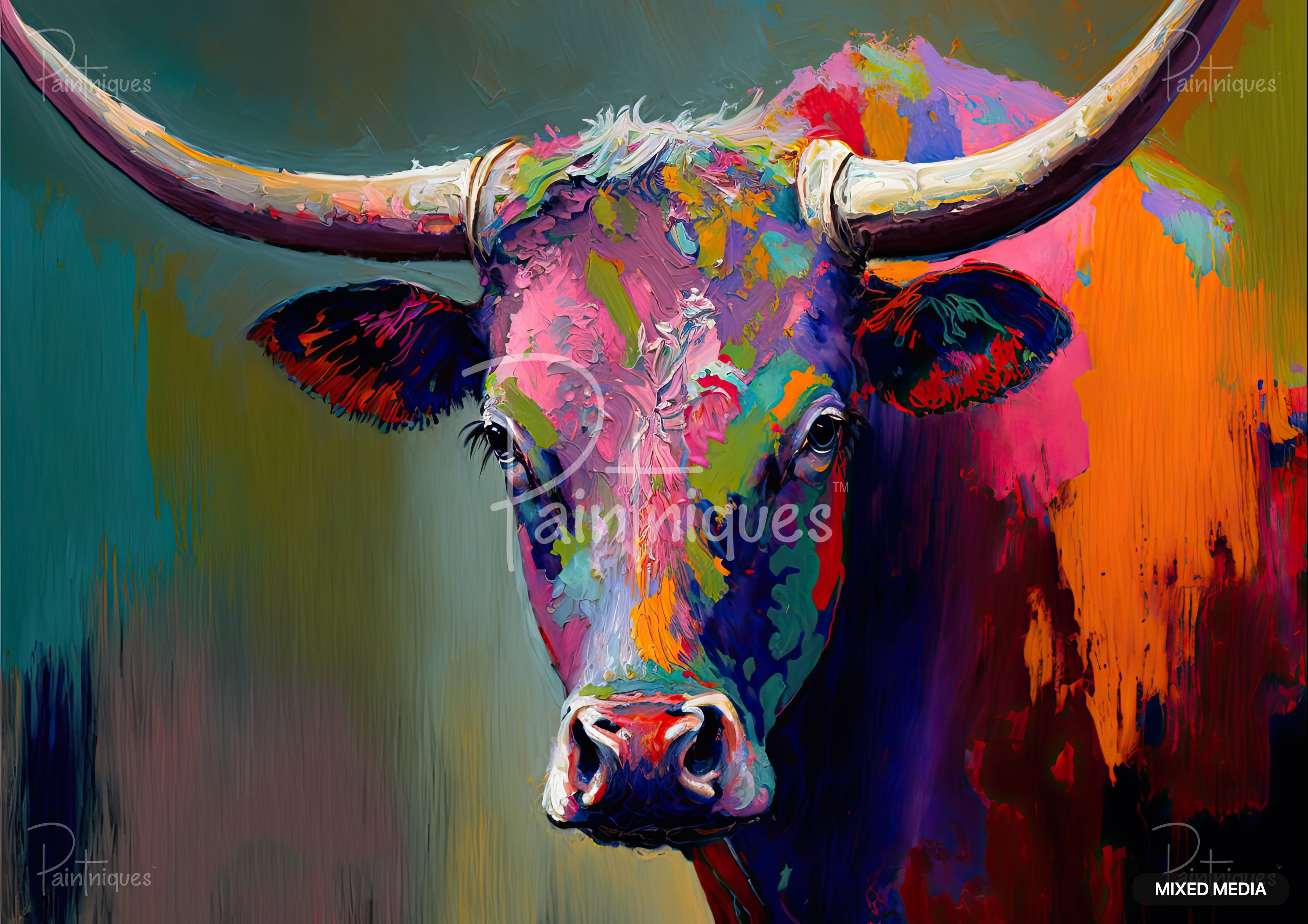 A vibrant, textured painting of a longhorn steer's face and shoulders. The steer is rainbow-colored.