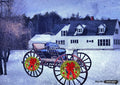 Vintage carriage with holiday wreaths on its wheels in a snowy yard outside a white farmhouse.