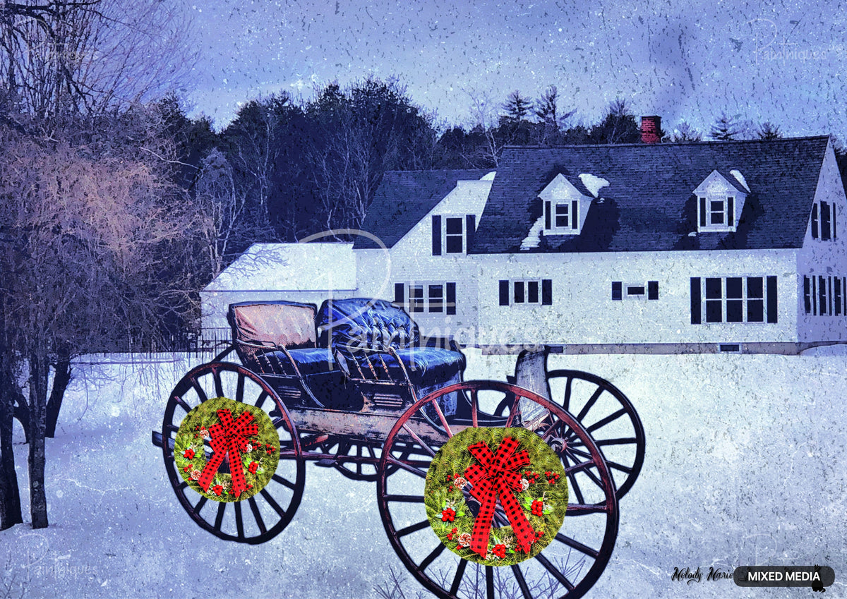 Vintage carriage with holiday wreaths on its wheels in a snowy yard outside a white farmhouse.