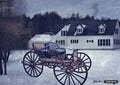 An antique horse-drawn carriage stands in the snow in front of a white farmhouse and winter forest.