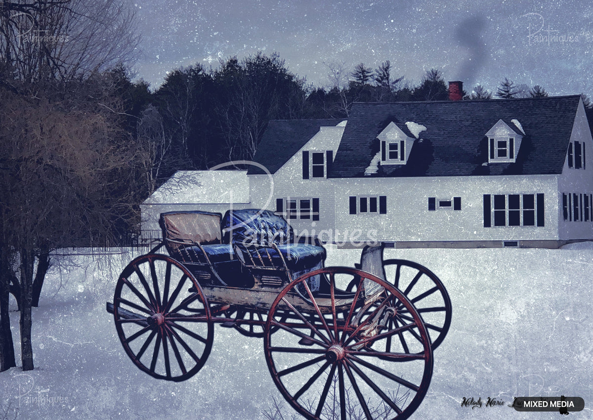 An antique horse-drawn carriage stands in the snow in front of a white farmhouse and winter forest.
