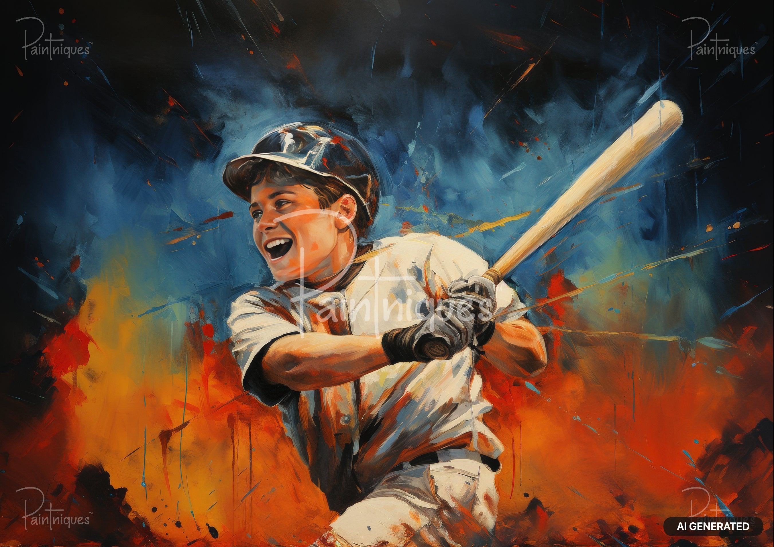 An oil painting of a smiling young baseball player in a helmet and uniform, holding a bat, with a vibrant red, blue, and orange background.