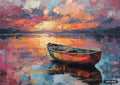 An impressionistic painting of a colorful boat on water with a vibrant sunset sky reflection.