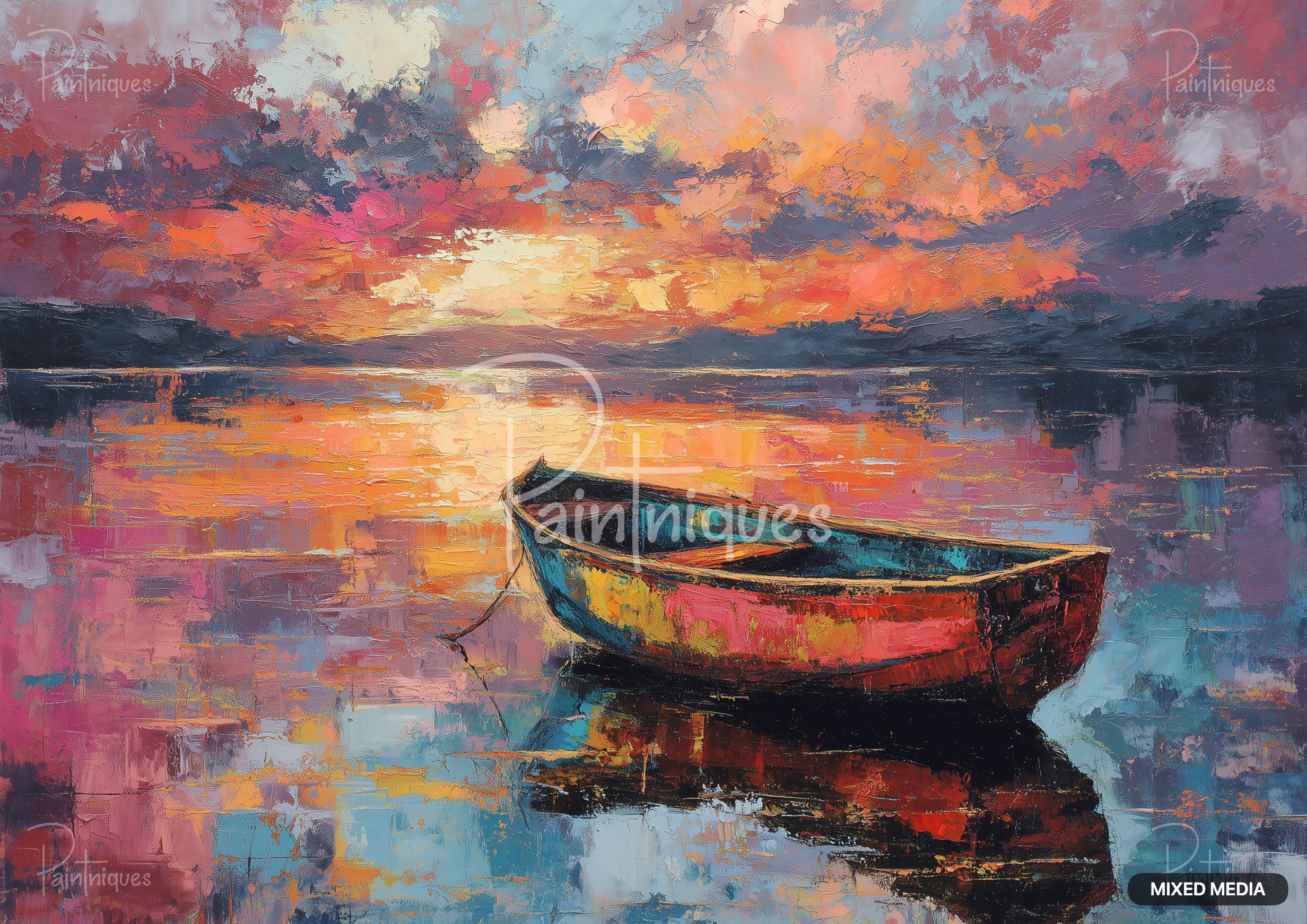 An impressionistic painting of a colorful boat on water with a vibrant sunset sky reflection.
