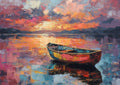 Impasto-style sunset over reflective water with a colorful rowboat in foreground, vibrant pink, orange and blue palette