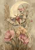 Muted moth resting above pink poppy blooms, amid dried grasses, small wildflowers and a pale crescent moon.