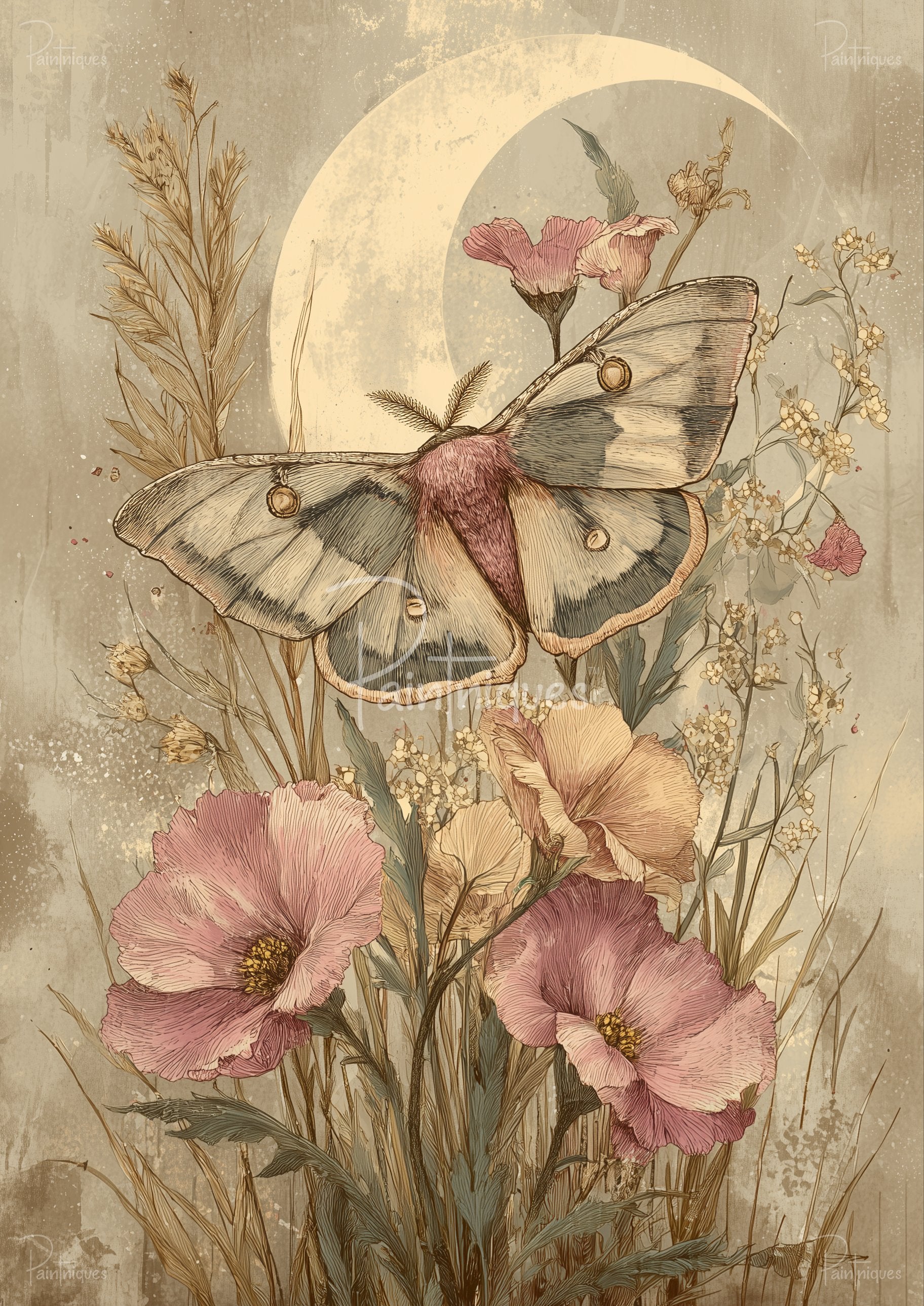 Muted moth resting above pink poppy blooms, amid dried grasses, small wildflowers and a pale crescent moon.