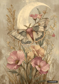 A moth with tan and gray wings with eye-like spots, surrounded by pink and yellow flowers and dried grasses.