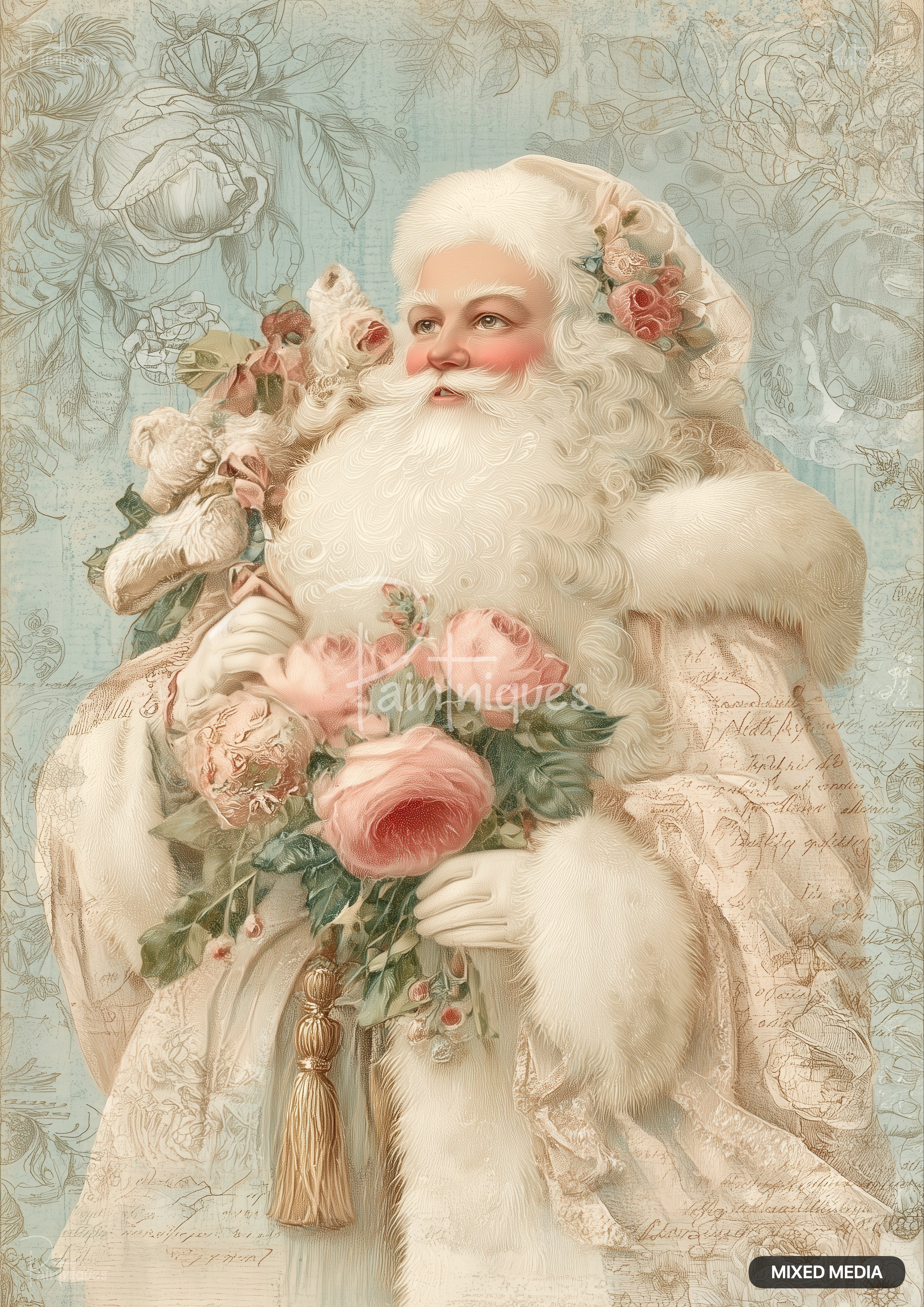 Vintage-style Santa with white fur coat and flowing beard holding pink roses and a teddy bear against a pale floral background