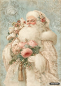 An ornate image of Santa Claus in cream-colored robes trimmed with white fur, holding a large bouquet of pink roses.