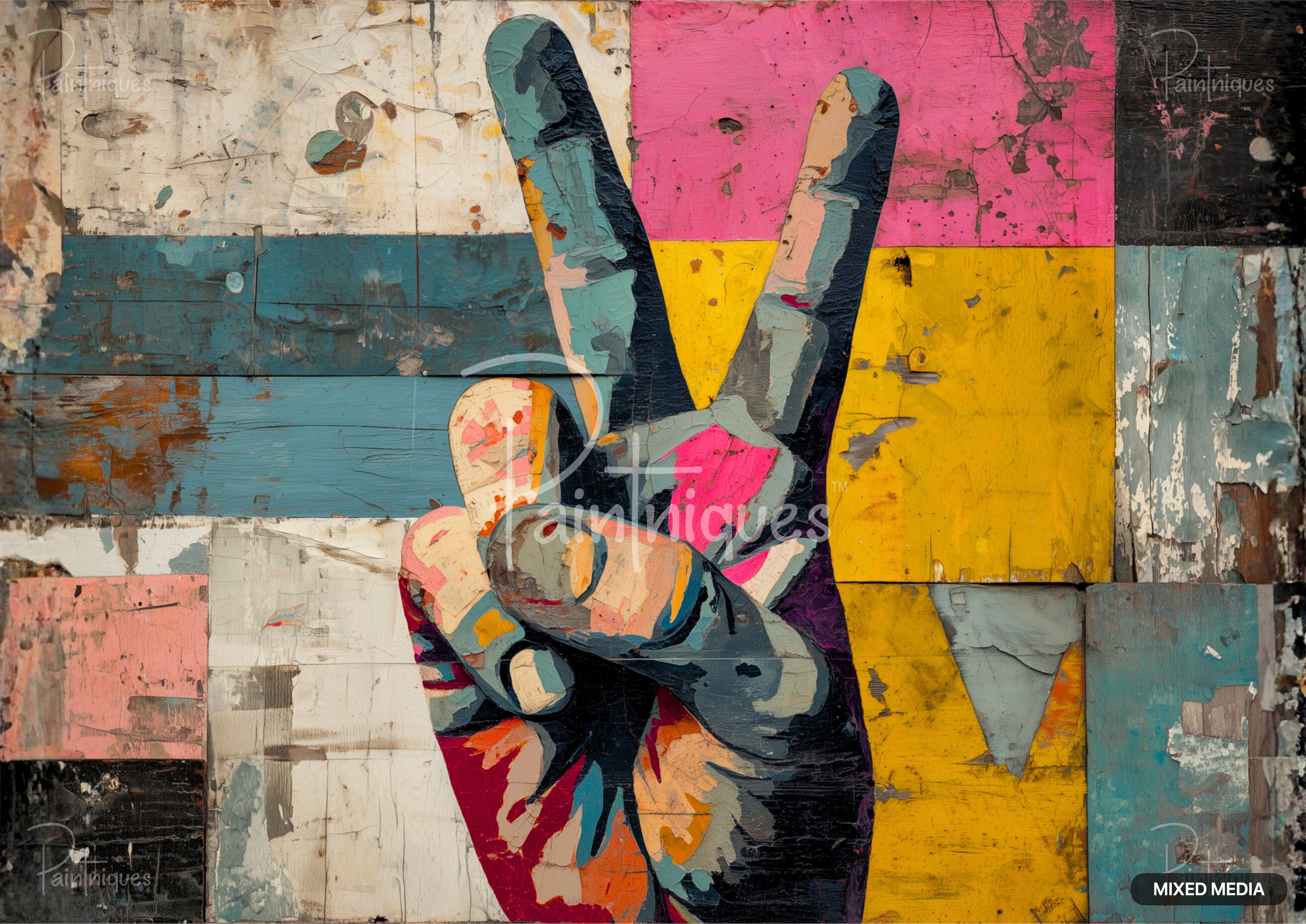 A textured peace sign in blues, greens, oranges, pinks, and white, on a distressed patchwork background.