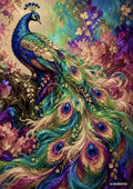 Vibrant digital painting of a peacock perched on a branch, its elaborate tail feathers fanning out amidst colorful abstract florals.