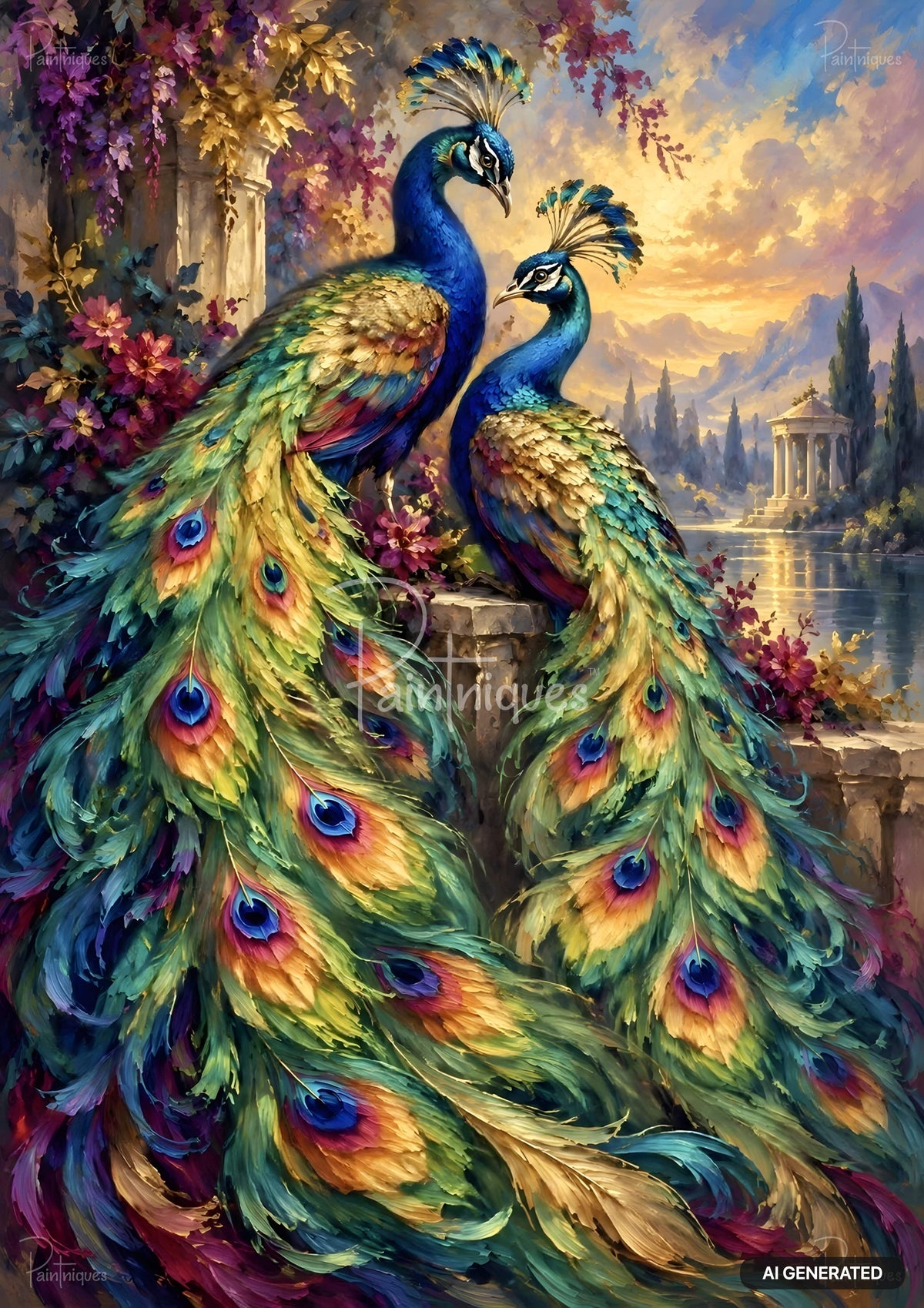 Two ornate peacocks facing each other on a stone ledge, with flowing feathers, flowers, and a classical landscape at sunset.