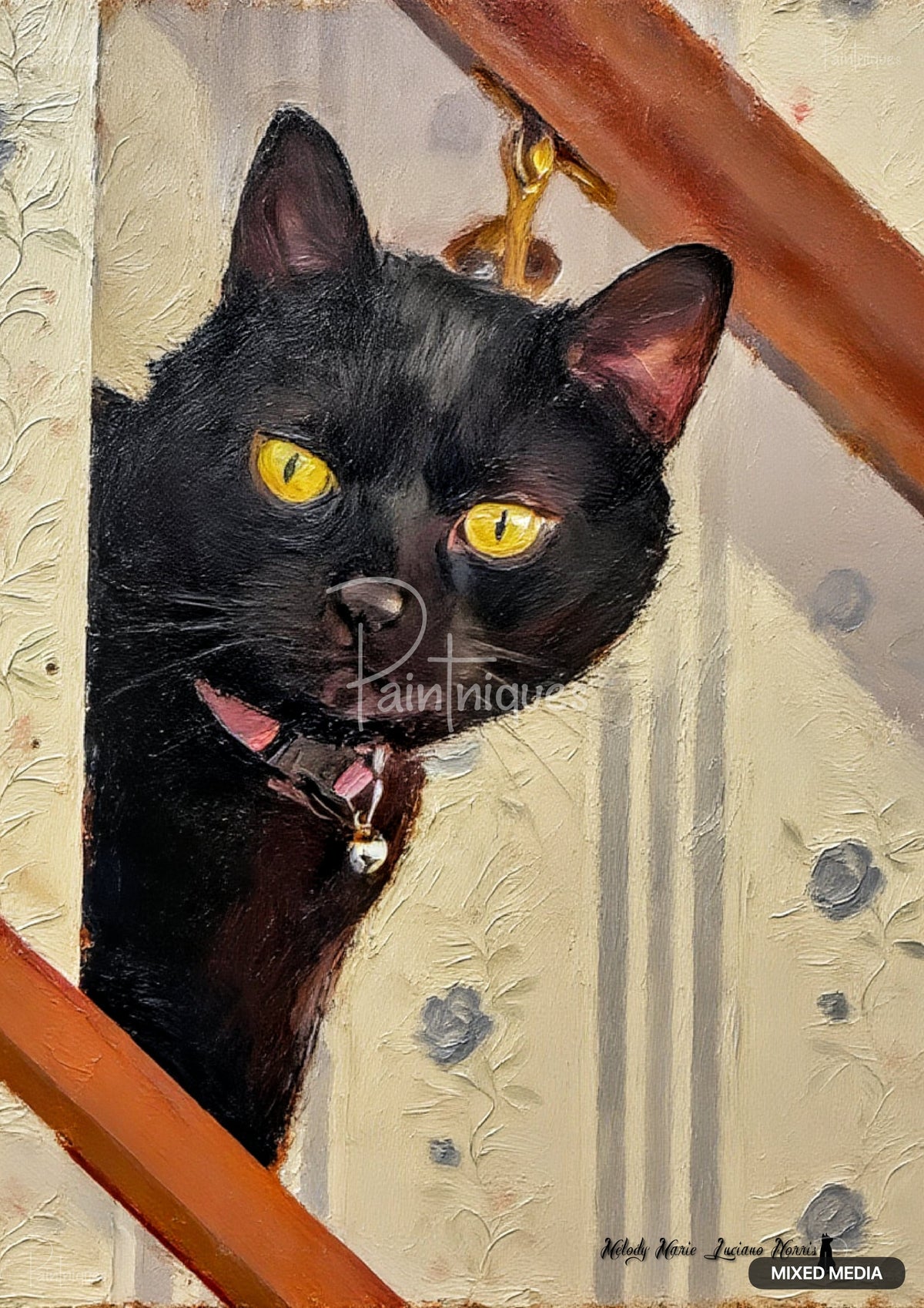 Painting of a black cat with yellow eyes and a bell collar peeking through wooden stair railings.