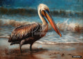 Painterly brown pelican with a white head and colorful beak standing on a sandy beach with crashing waves.