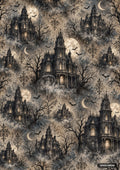 Pattern of gothic mansions, full moons, bare trees, bats, and ornamental scrolls on a cloudy, distressed background.