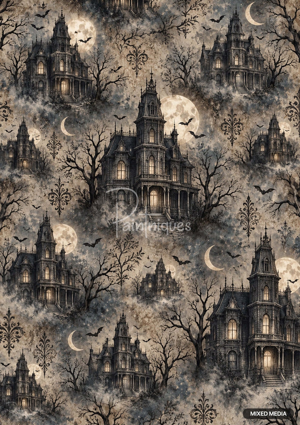 Pattern of gothic mansions, full moons, bare trees, bats, and ornamental scrolls on a cloudy, distressed background.