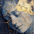 A painted face with closed eyes and a soft expression, in hues of slate and pale blue, crisscrossed with gold veins.