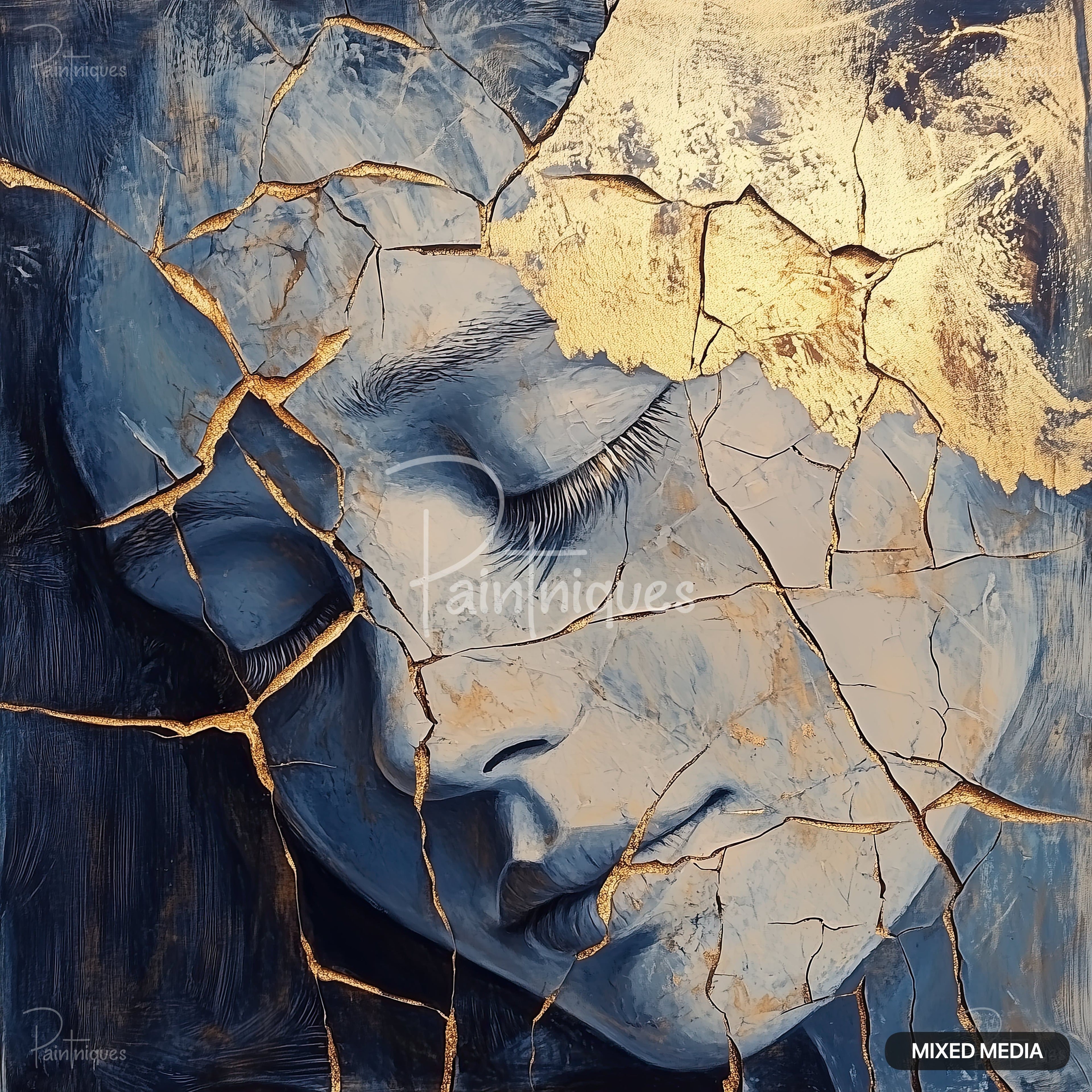 A painted face with closed eyes and a soft expression, in hues of slate and pale blue, crisscrossed with gold veins.
