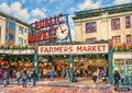 Impasto painting of a market entrance with "Public Market" and "Farmers Market" signs, a large clock, and people.