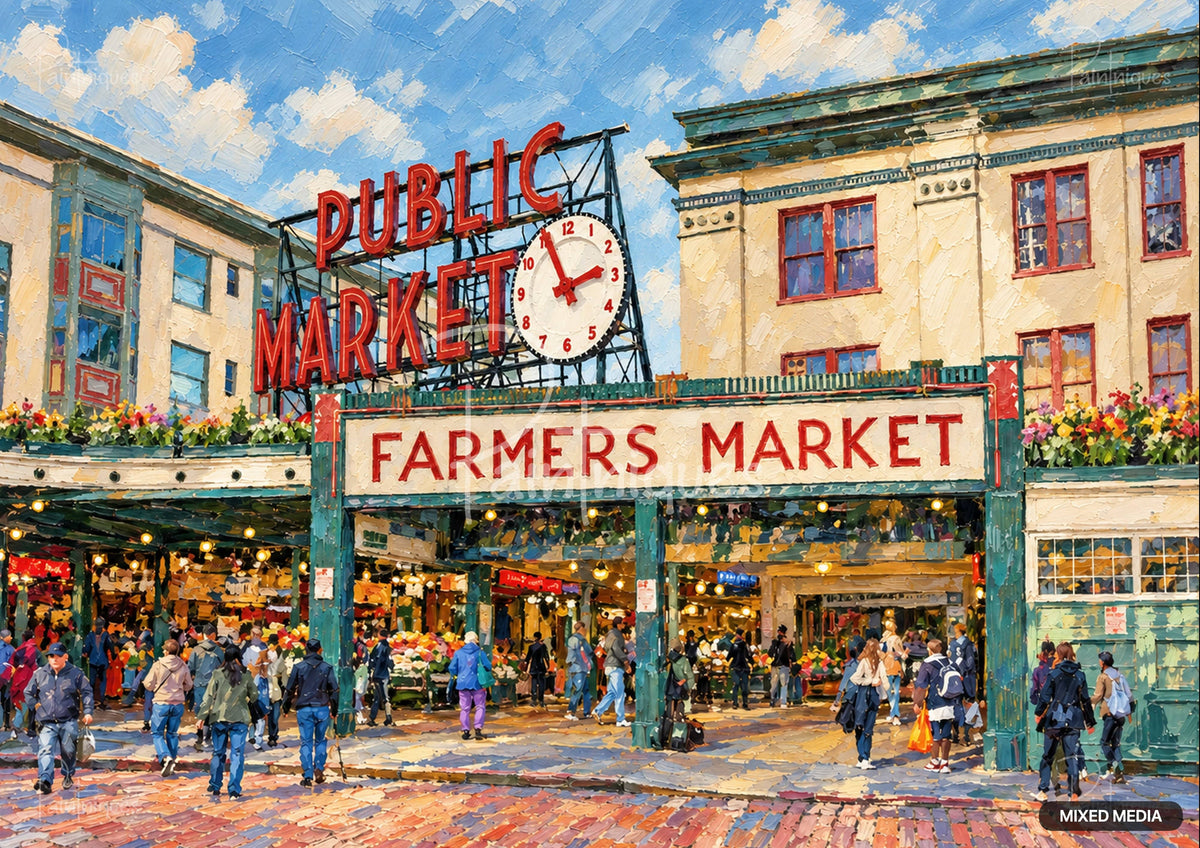 Impasto painting of a market entrance with "Public Market" and "Farmers Market" signs, a large clock, and people.