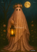 Ghost figure draped in patterned fabric with a rose crown, holding a lit lantern in a moonlit garden.