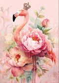 Pink flamingo wearing a gold crown among large pink peonies and green leaves on a pastel background.