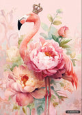 A flamingo with a golden crown stands among large pink peonies and green leaves against a light pink background.