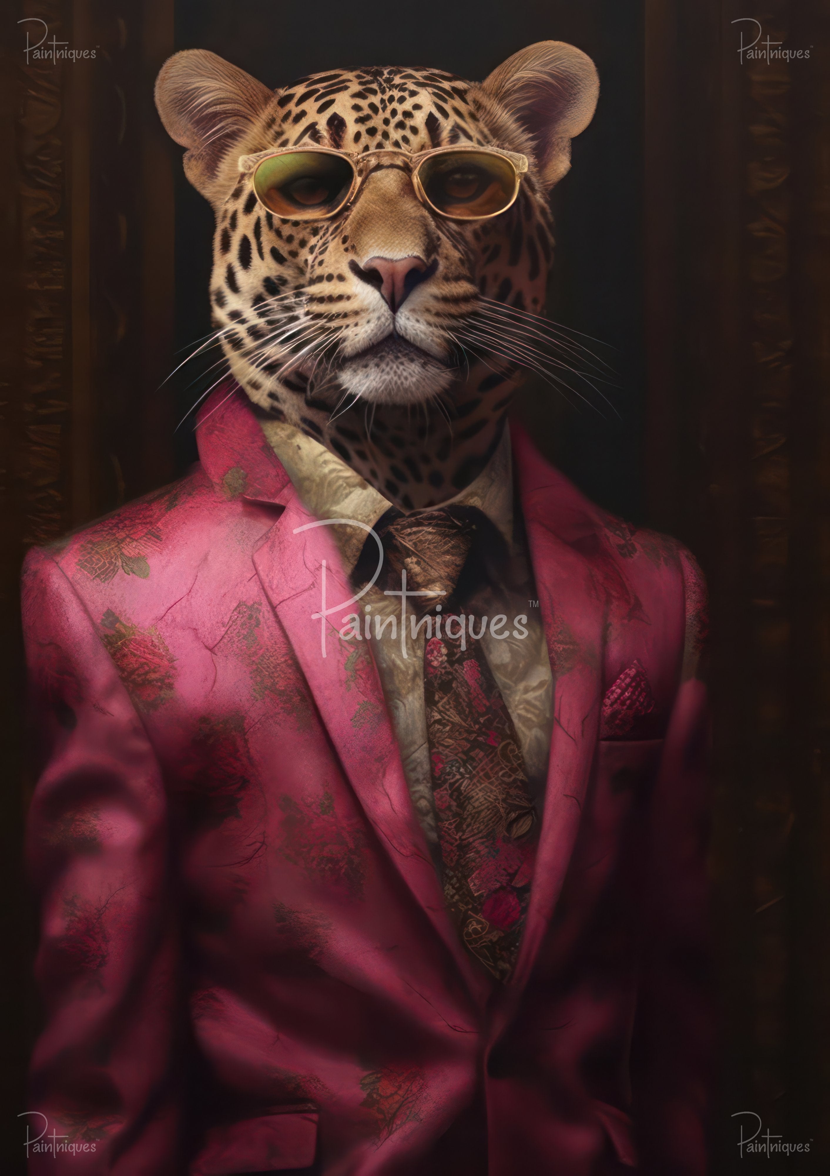 Leopard in gold sunglasses wearing white shirt, patterned tie and pink floral suit on dark background.