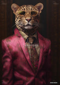 A leopard dressed in a pink suit, patterned shirt, and tie, wearing sunglasses, set against a dark background.