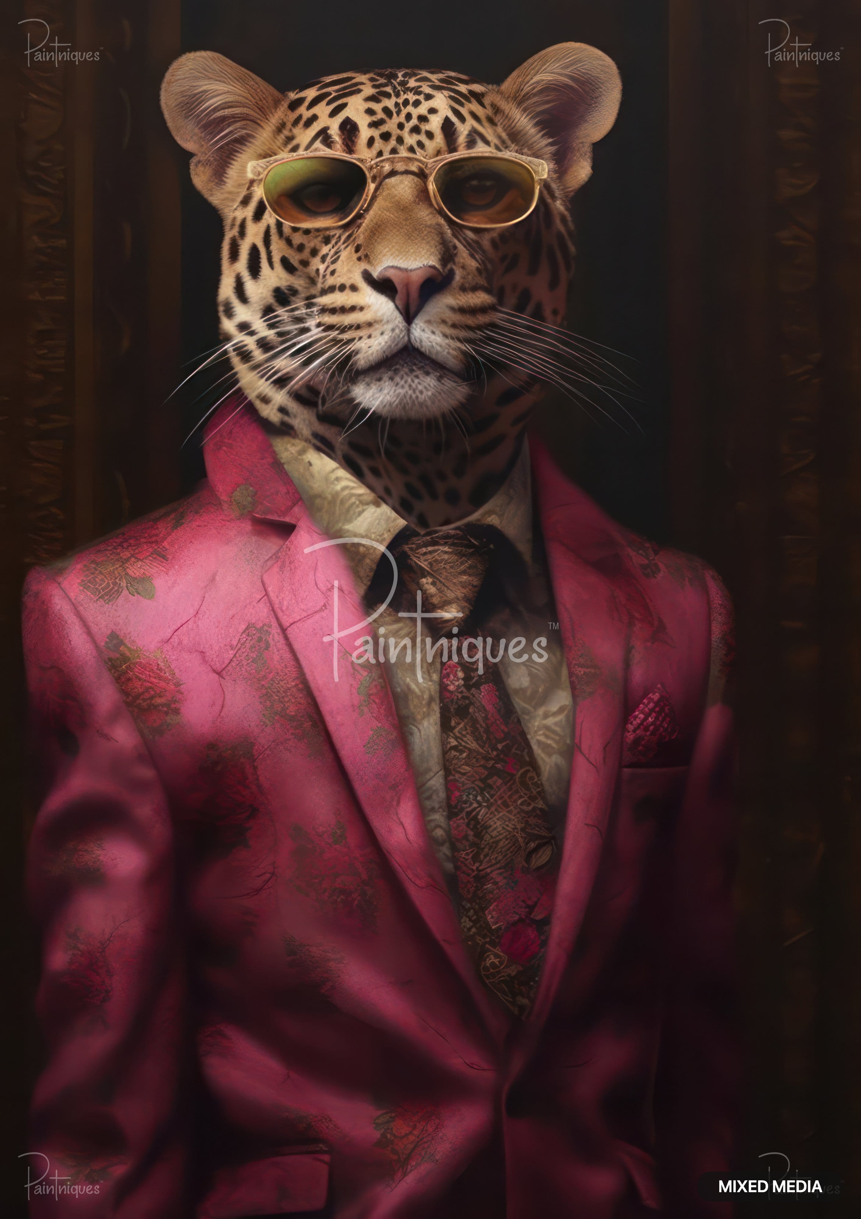 A leopard dressed in a pink suit, patterned shirt, and tie, wearing sunglasses, set against a dark background.