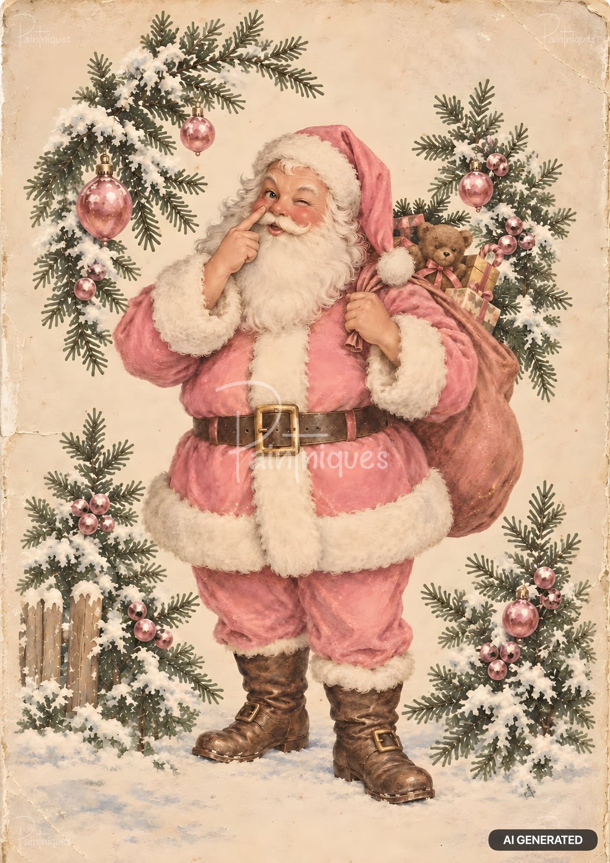 Vintage-style Santa in a pink suit winks and points to his nose, holding a sack of toys, surrounded by snowy fir branches.