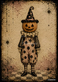 A vintage-style illustration of a pumpkin-headed clown with a polka-dot hat and ruffled collar on a distressed parchment background.