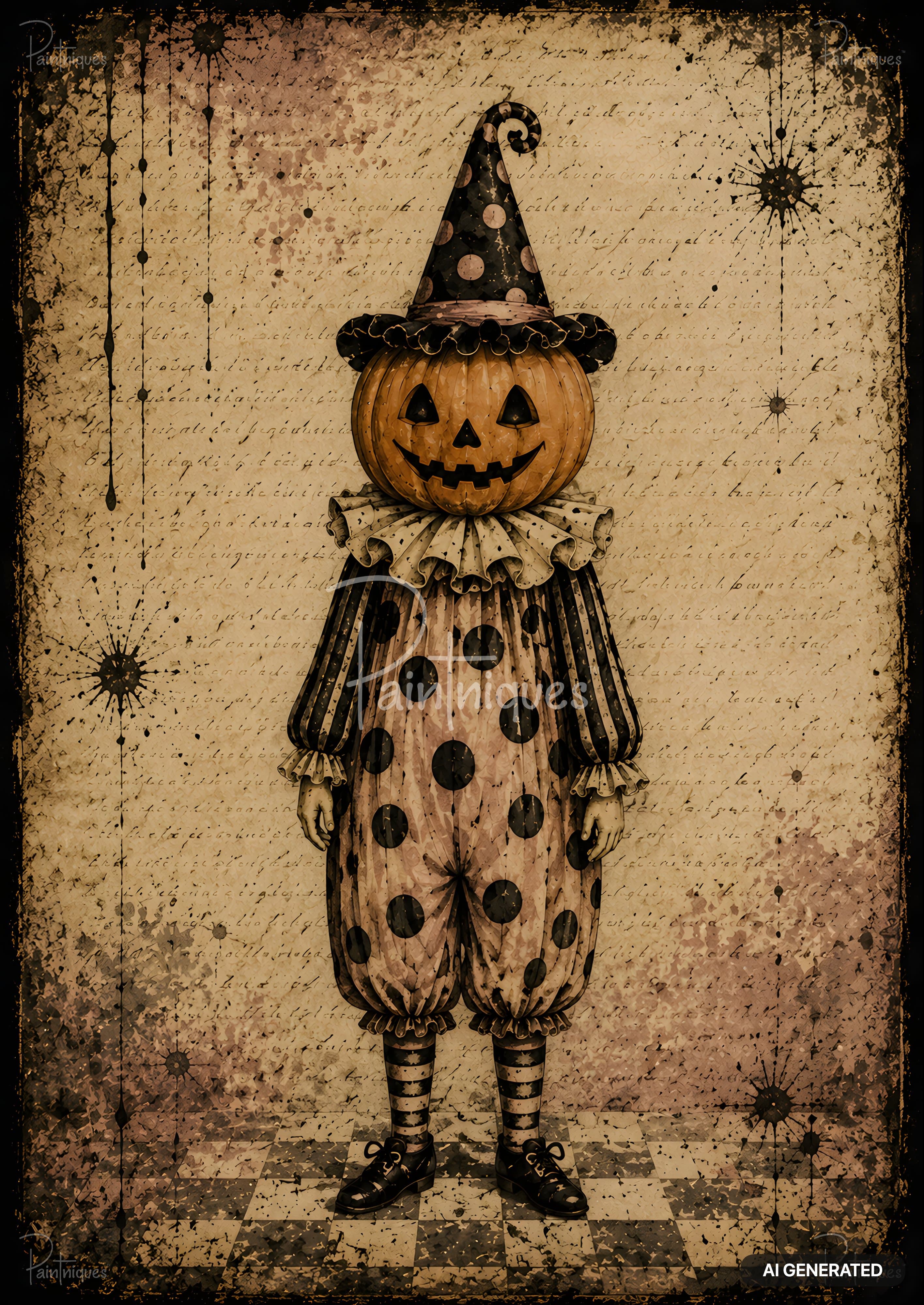 A vintage-style illustration of a pumpkin-headed clown with a polka-dot hat and ruffled collar on a distressed parchment background.