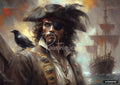 Painting of a pirate with an eye patch, feathered hat, and a crow on his shoulder, against a misty ship backdrop.