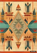 A textured symmetrical pattern of teal, orange, and cream with tribal-like motifs and geometric shapes.