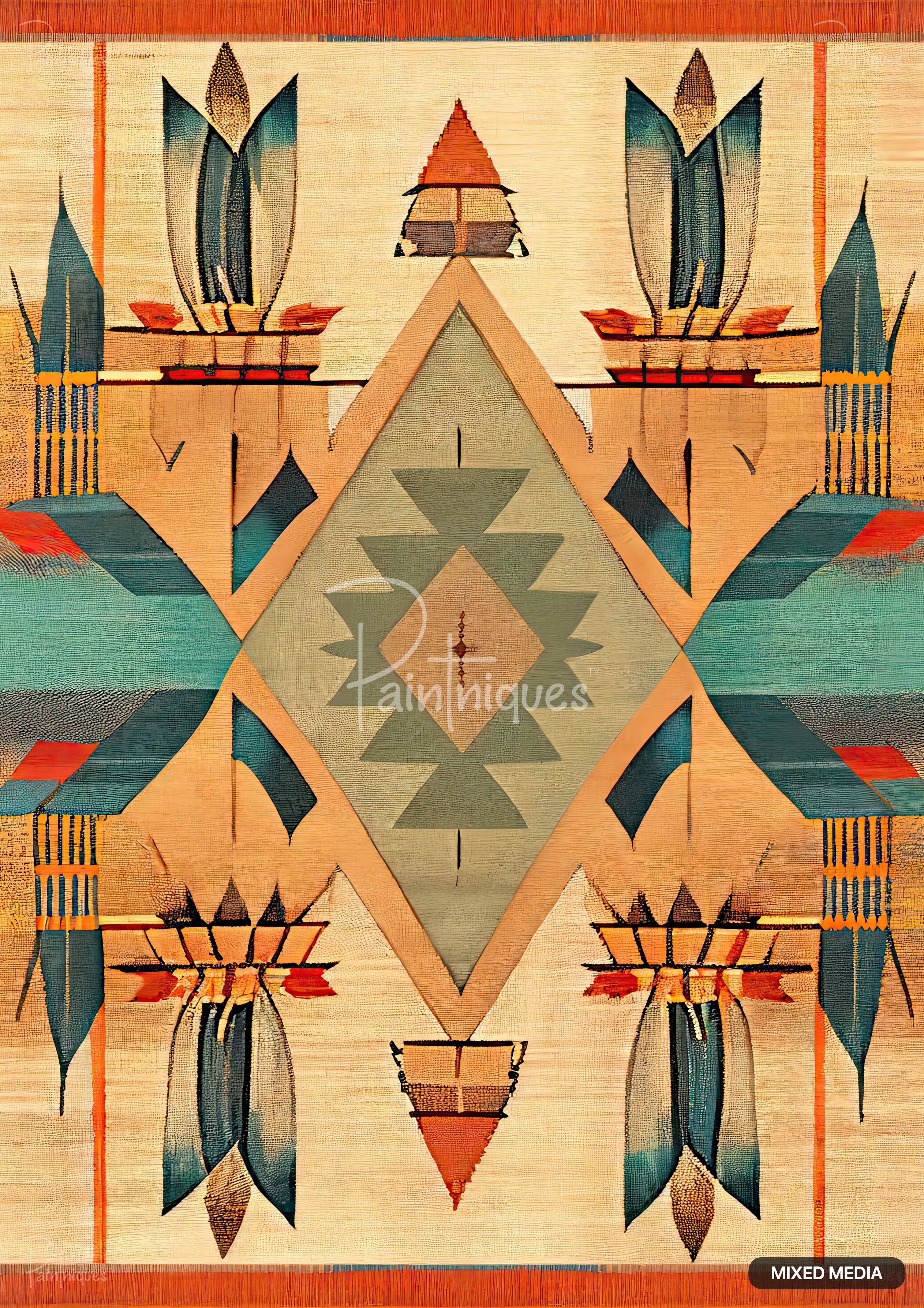 A textured symmetrical pattern of teal, orange, and cream with tribal-like motifs and geometric shapes.
