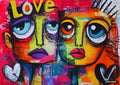 Abstract artwork of two faces, one with blue eyes, the other with one blue and one orange eye.