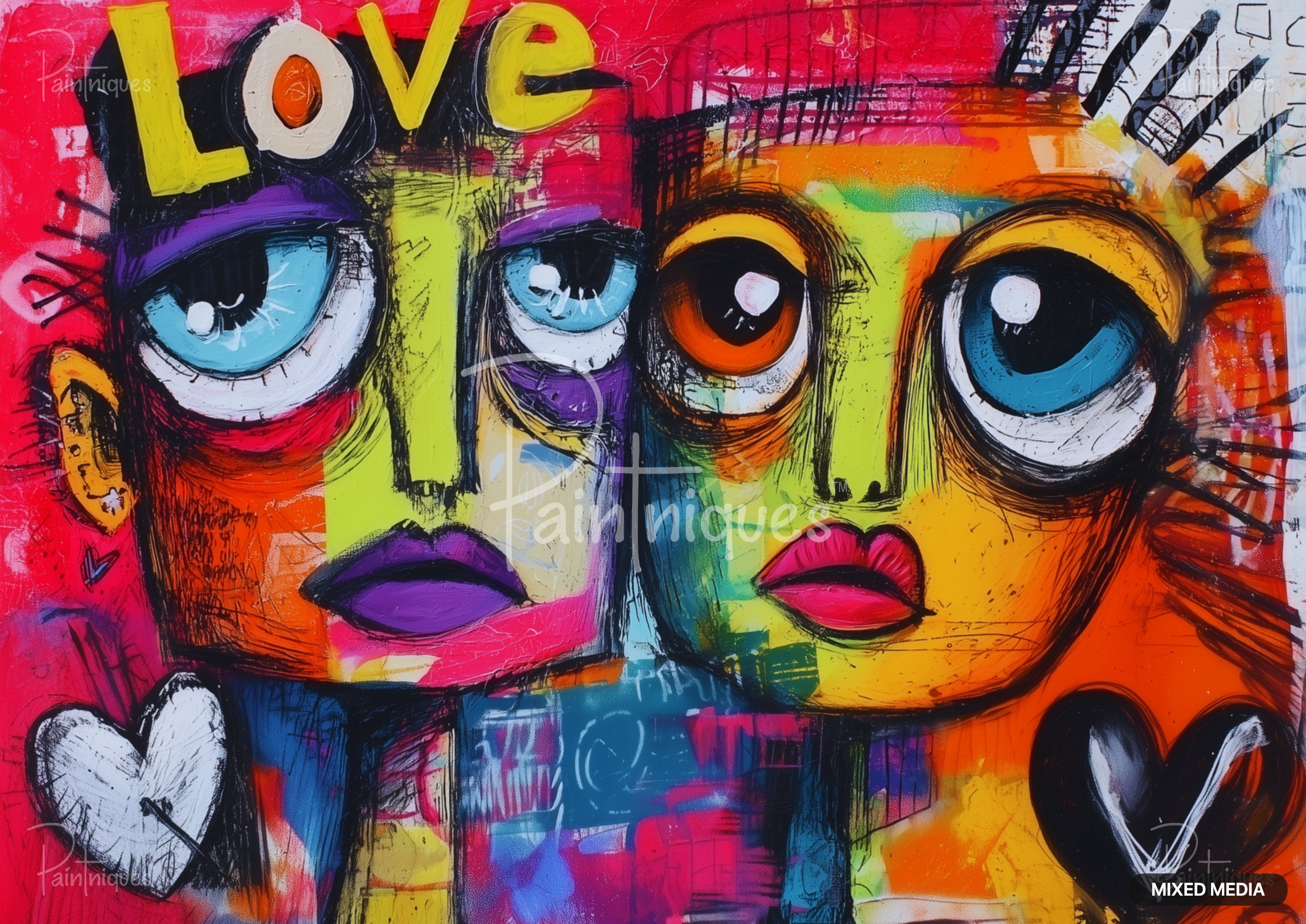 Abstract artwork of two faces, one with blue eyes, the other with one blue and one orange eye.