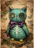 Turquoise cat-like figure with button eyes, heart nose, and skeleton design on its belly, surrounded by distressed floral paper.