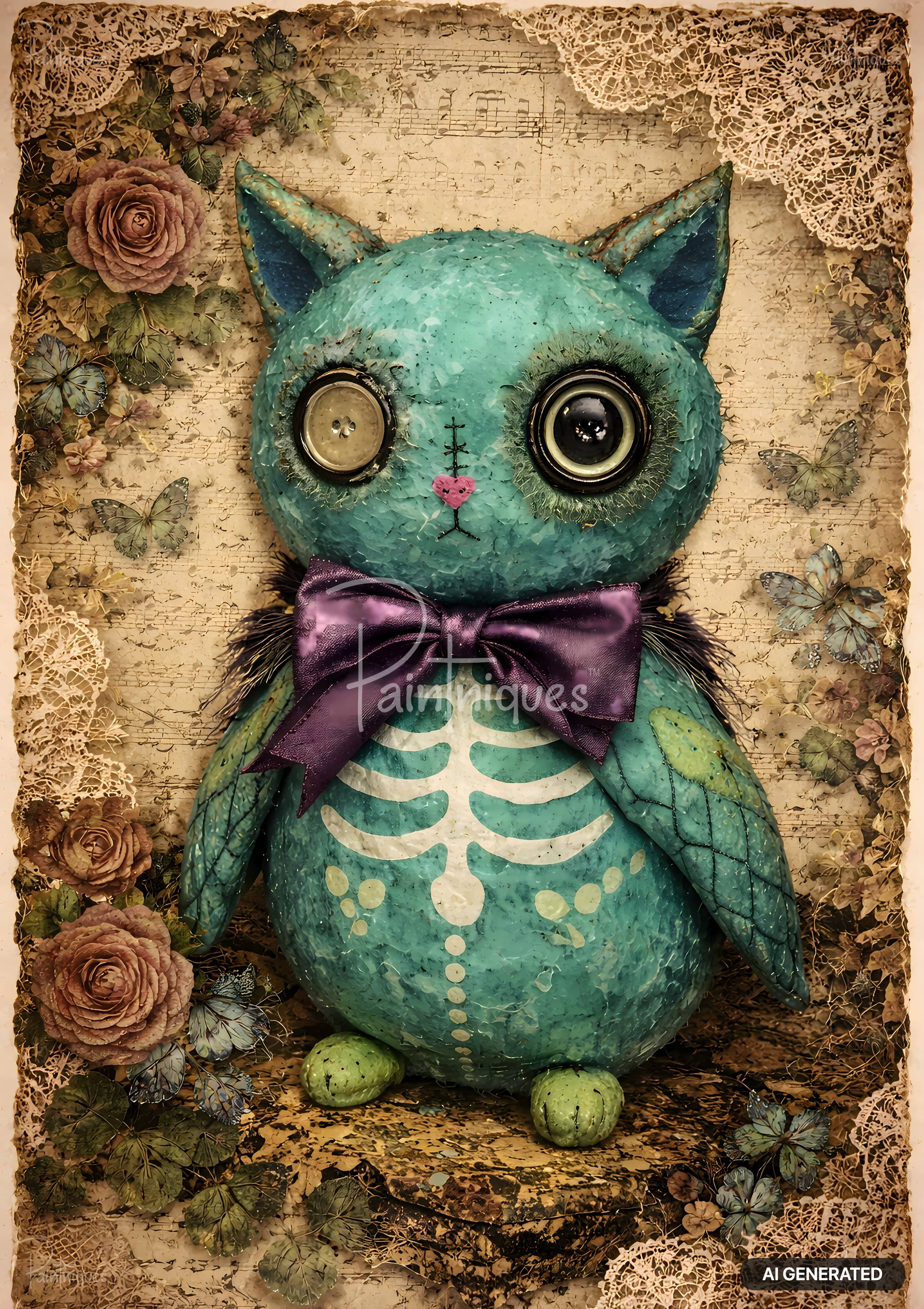 Turquoise cat-like figure with button eyes, heart nose, and skeleton design on its belly, surrounded by distressed floral paper.