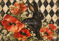Black rabbit surrounded by red poppies and white flowers against a distressed black and white diamond pattern.
