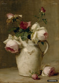 Oil painting of a white pitcher with pink and white roses, some fallen on a table against a dark background.