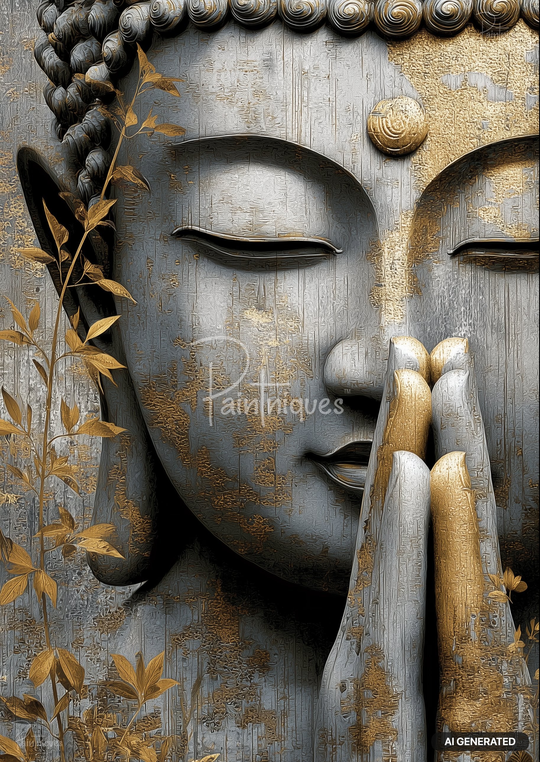 Closed eyes, praying hands, and golden plants frame a light gray and gold textured Buddha statue relief.