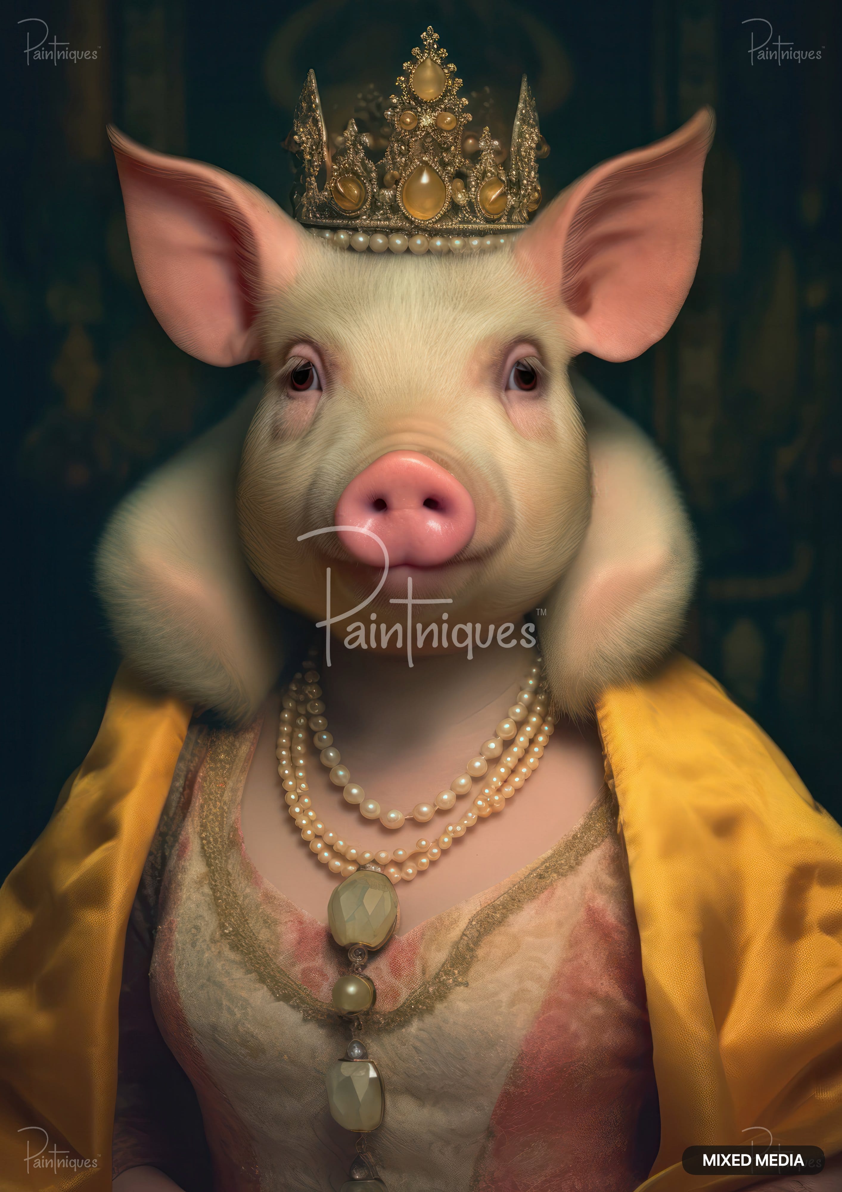 A pig with a gold crown, large pearl necklace, ivory fur stole, and yellow satin robe over a patterned gown.
