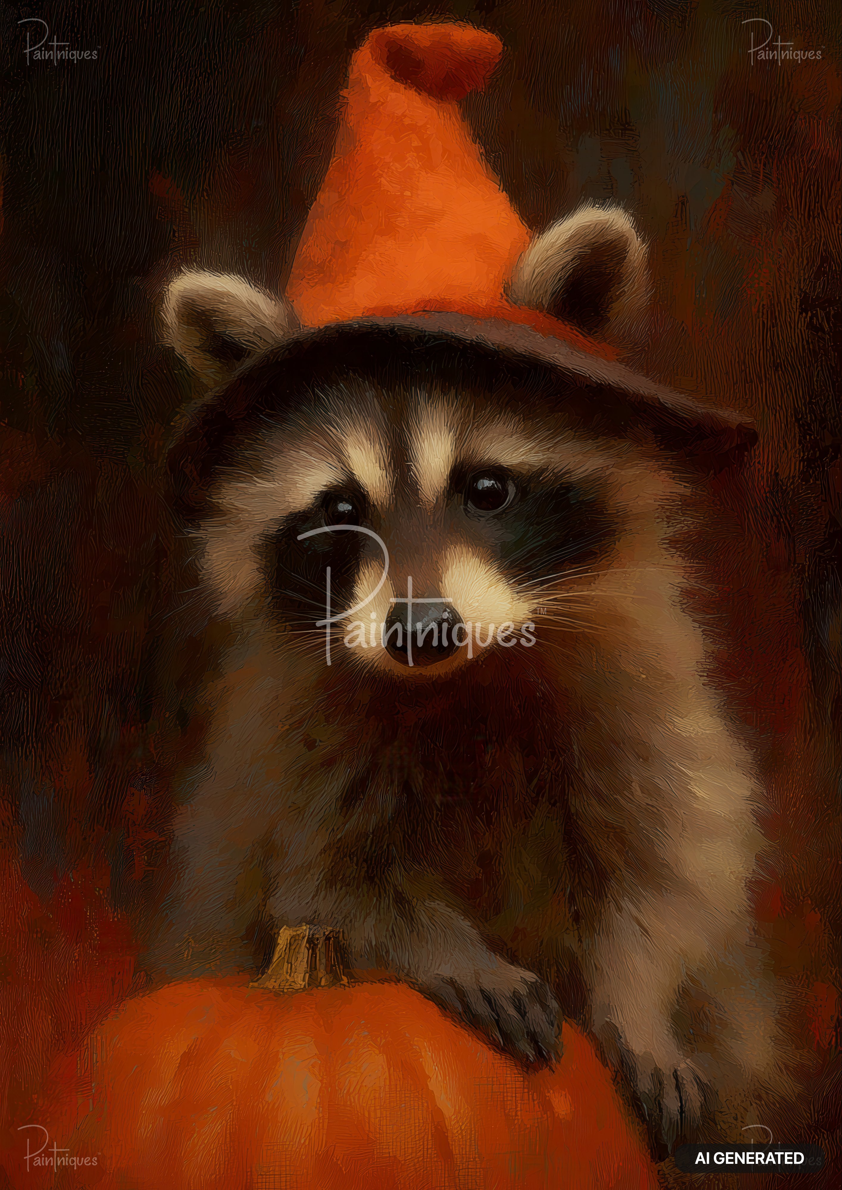 A painting of a raccoon wearing a witch's hat with a pointed brim, resting a paw on an orange pumpkin.