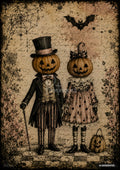 Two pumpkins with carved faces, dressed in vintage outfits with a bat and spiderweb in a spooky, elegant scene.