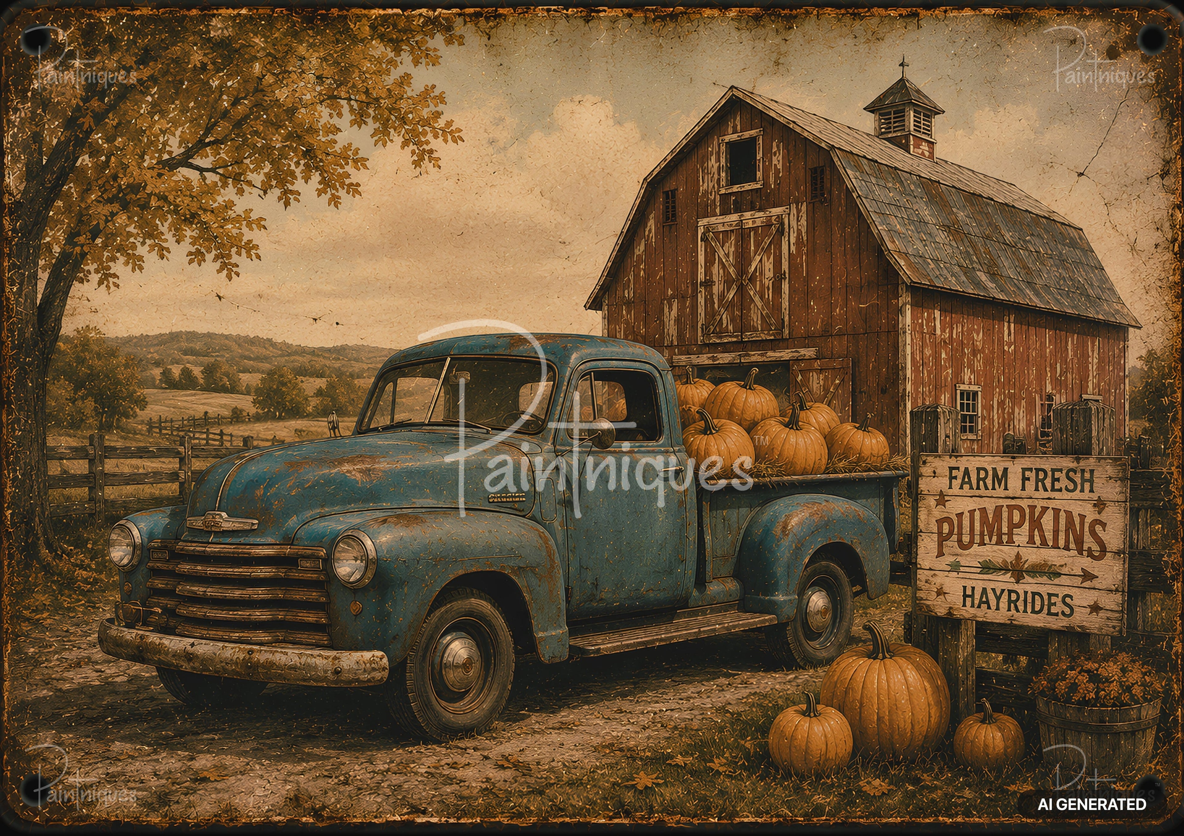 A rustic blue pickup truck carrying pumpkins, parked beside an old barn, with a "Farm Fresh Pumpkins" sign.