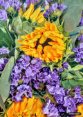 Oil painting of textured yellow sunflowers surrounded by purple blossoms and green foliage.